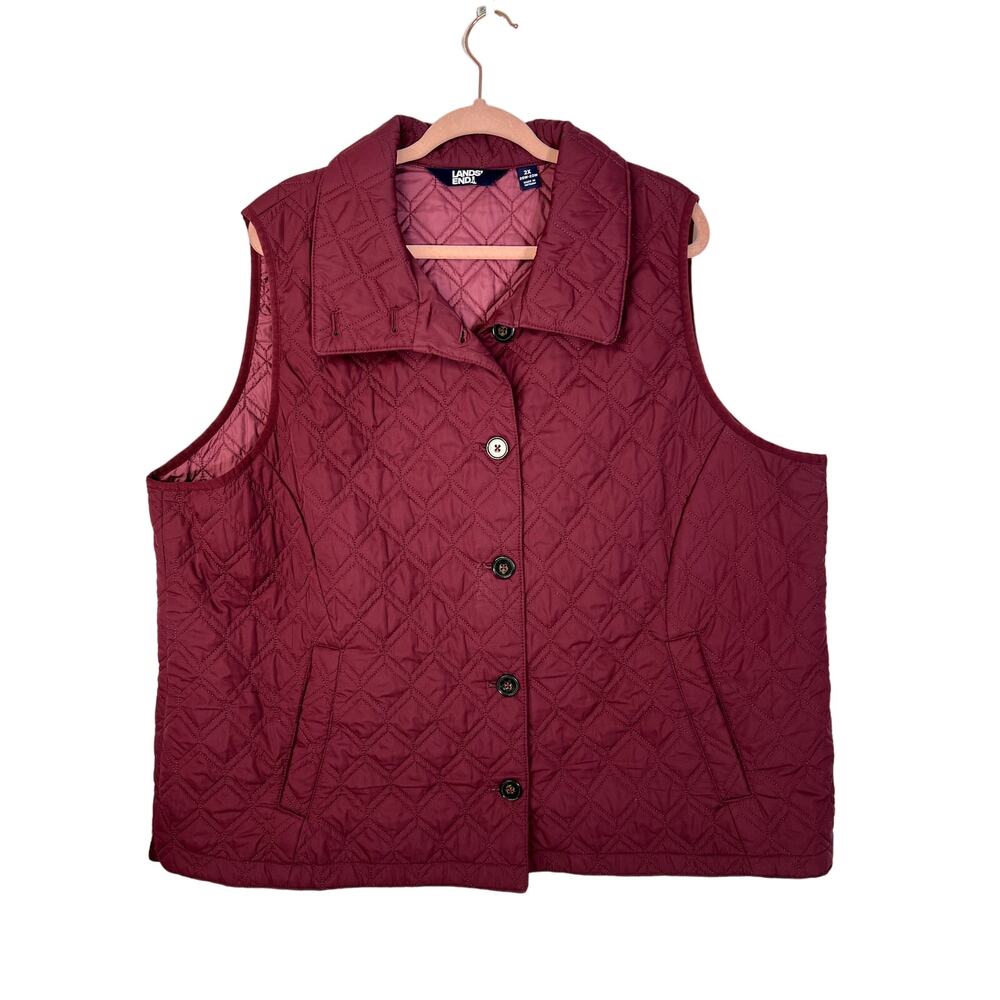 Lands‎ End Burgandy Maroon Primaloft Quilted Packable Button Up Collared Vest 2X
